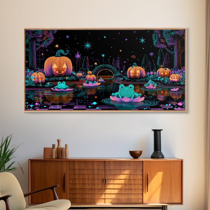 The Star-Filled Pumpkin Pond, Retro Neon Halloween Art, Wide Panoramic Art, Framed Canvas Print, Retro Halloween Decor, Neon Wall Art