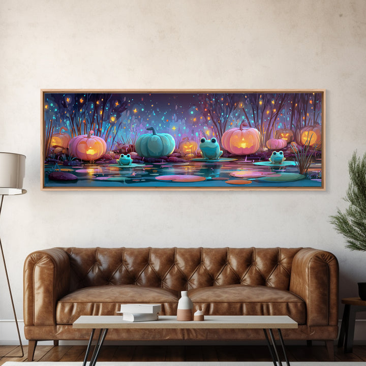 The Star-Filled Pumpkin Pond, Retro Neon Halloween Art, Extra Wide Wall Art, Canvas Print, Retro Halloween Decor, Neon Wall Art