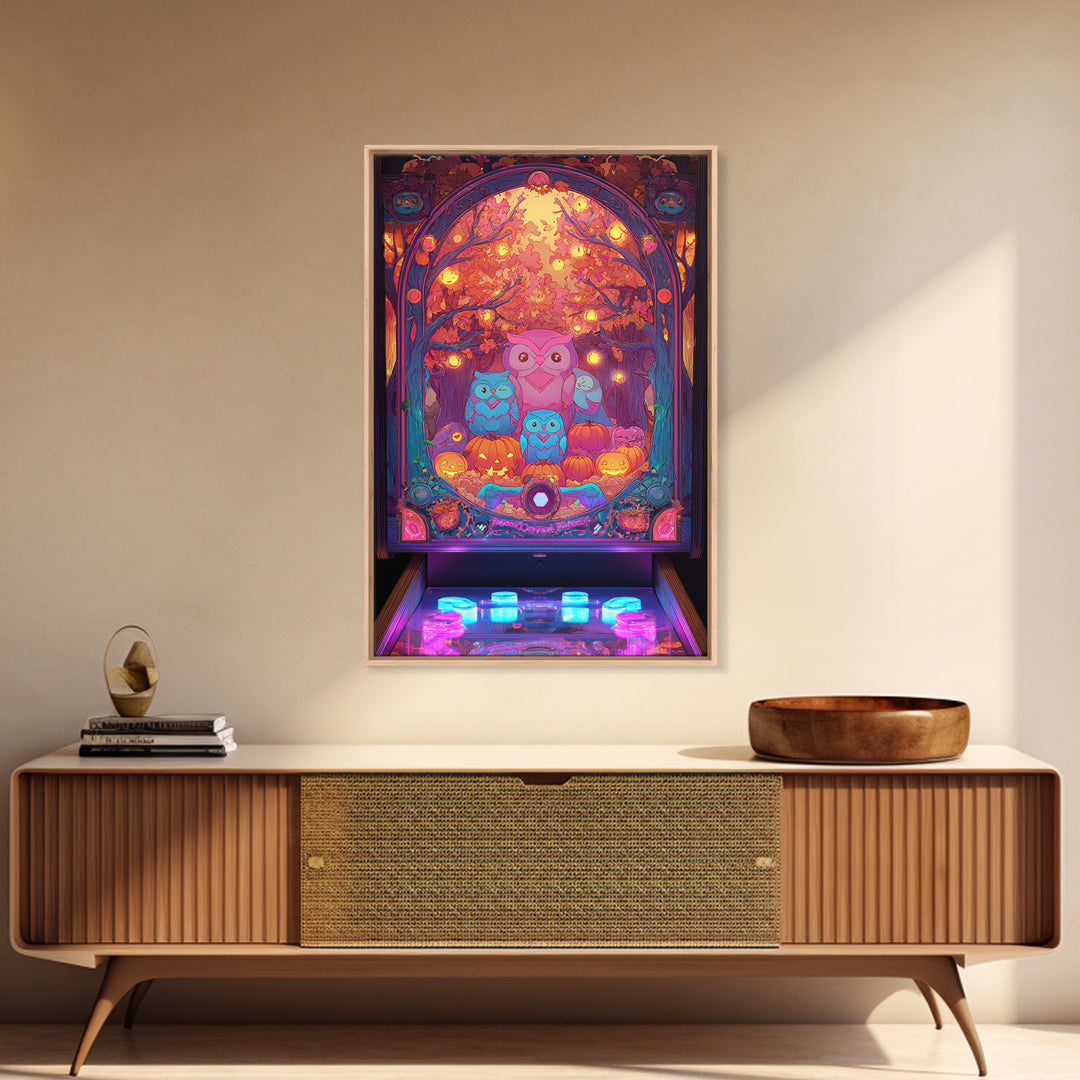 The Sleepy Owl Orchard, Cute Spooky Neon Art, Vertical Wall Art, Framed Canvas Print, Retro Halloween Decor, Neon Wall Art
