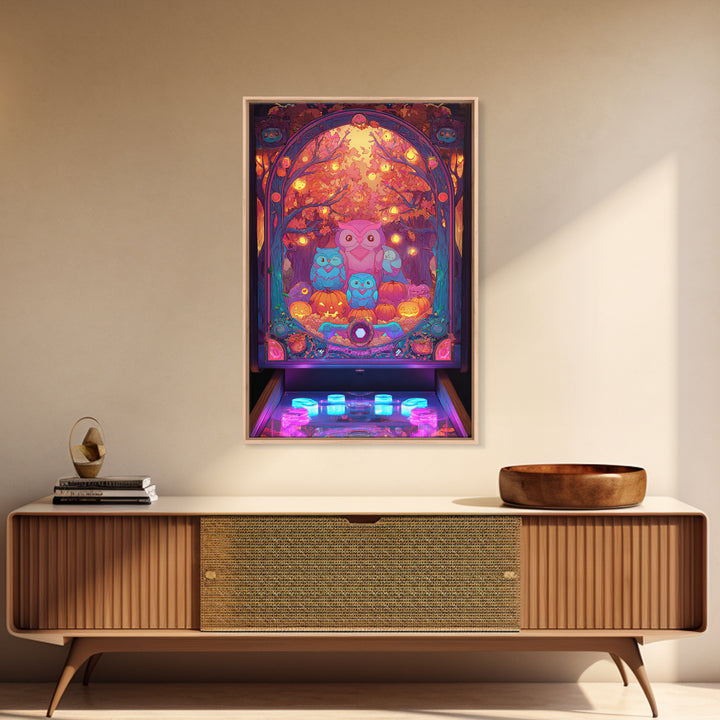 The Sleepy Owl Orchard, Cute Spooky Neon Art, Vertical Wall Art, Framed Canvas Print, Retro Halloween Decor, Neon Wall Art