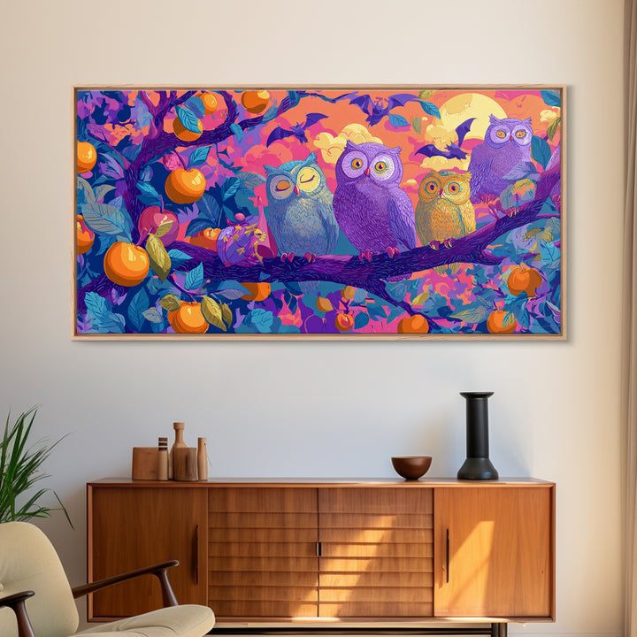 The Sleepy Owl Orchard, Retro Neon Halloween Art, Wide Panoramic Art, Framed Canvas Print, Retro Halloween Decor, Neon Wall Art