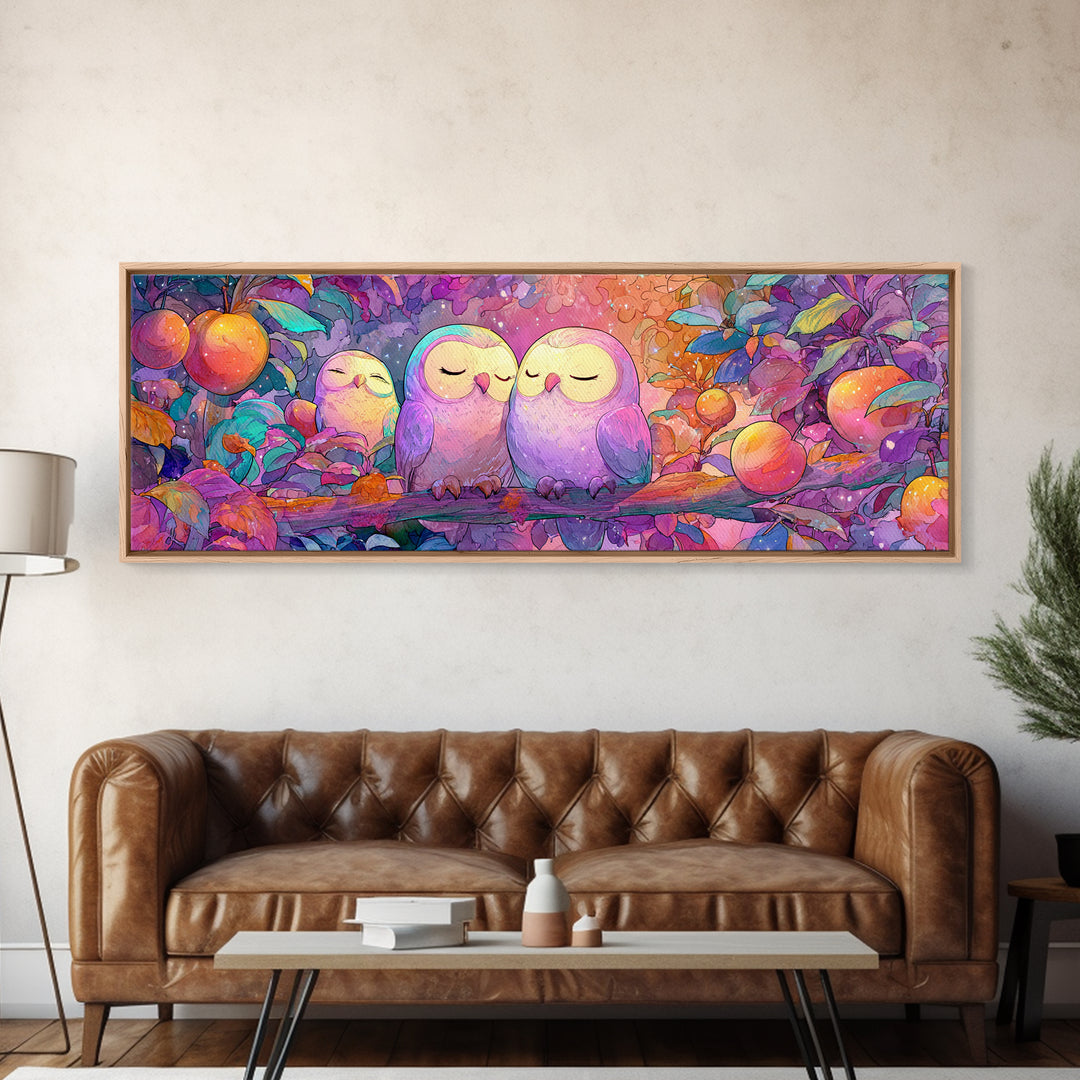 The Sleepy Owl Orchard, Cute Spooky Neon Art, Extra Wide Wall Art, Framed Canvas Print, Retro Halloween Decor, Neon Wall Art
