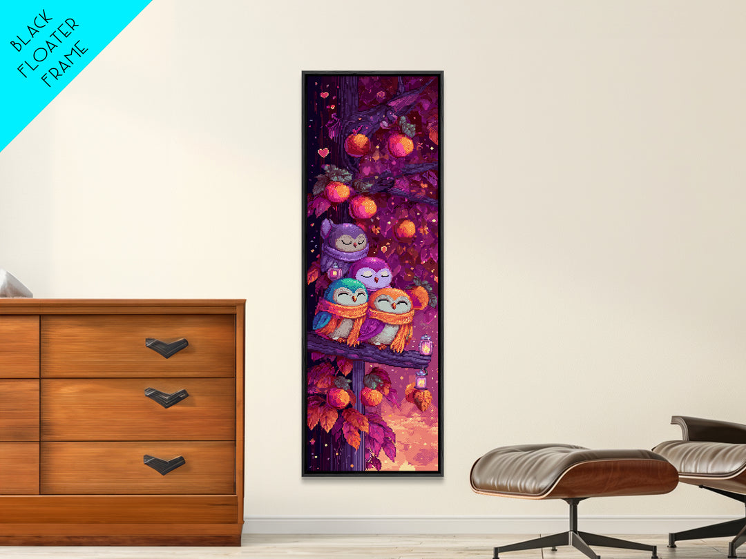 The Sleepy Owl Orchard, Retro Neon Halloween Art, Tall Narrow Wall Art, Framed Canvas Print, Retro Halloween Decor, Neon Wall Art