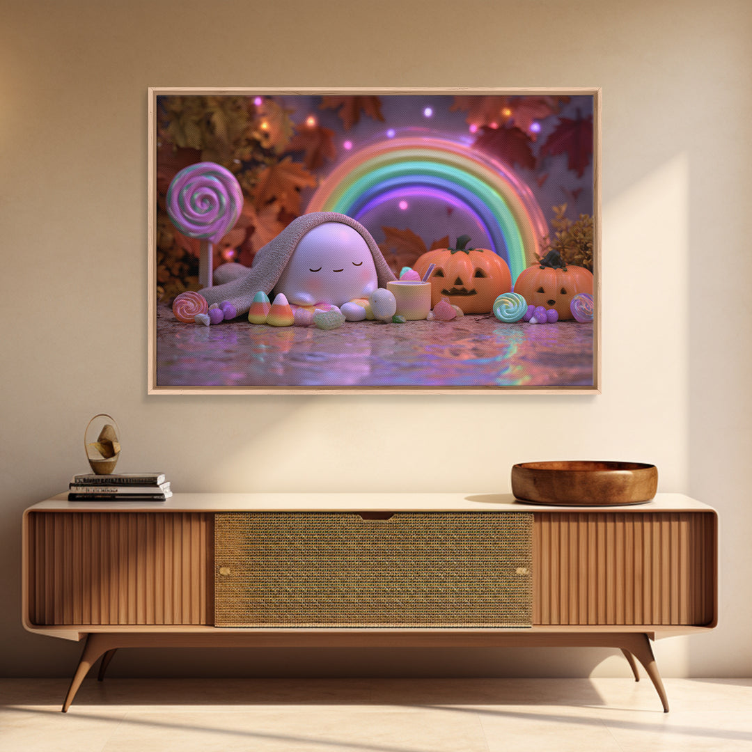 The Rainbow After The Halloween Rain, Synthwave Halloween Art, Landscape Wall Art, Framed Canvas Print, Retro Halloween Decor, Neon Wall Art