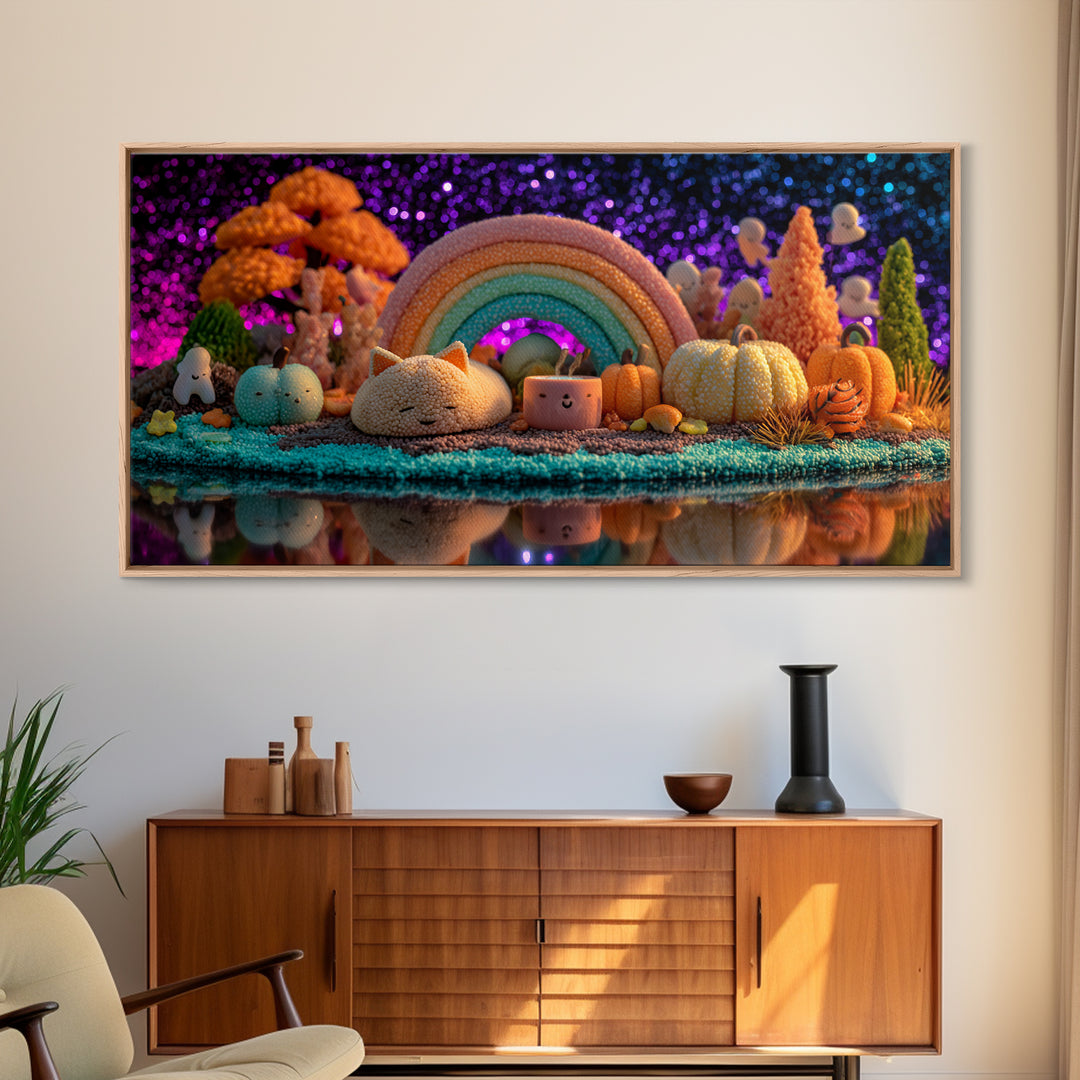 The Rainbow After The Halloween Rain, 80s Halloween Wall Art, Wide Panoramic Art, Framed Canvas Print, Retro Halloween Decor, Neon Wall Art