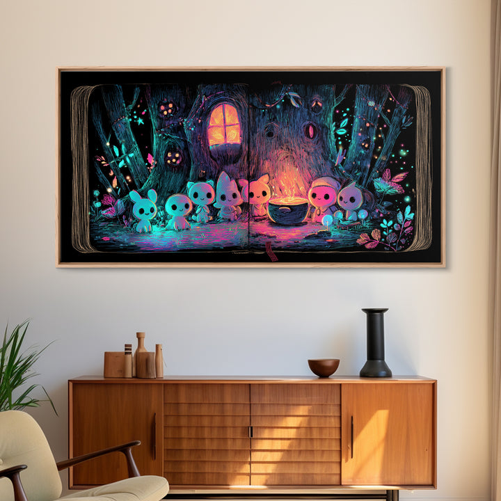 The Cozy Hollow Tree, Retro Neon Halloween Art, Wide Panoramic Art, Canvas Print, Retro Halloween Decor, Neon Wall Art, Statement Wall Art
