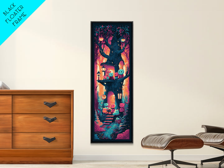 The Cozy Hollow Tree, Retro Neon Halloween Art, Tall Narrow Wall Art, Canvas Print, Retro Halloween Decor, Neon Wall Art, Statement Wall Art