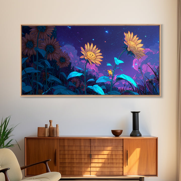 The Singing Sunflowers At Midnight, Synthwave Halloween Art, Wide Panoramic Art, Canvas Print, Retro Halloween Decor, Neon Wall Art