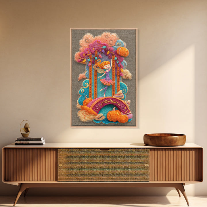 The Autumn Fairy Bridge, Cute Spooky Neon Art, Vertical Wall Art, Canvas Print, Retro Halloween Decor, Neon Wall Art, Collectible Wall Decor