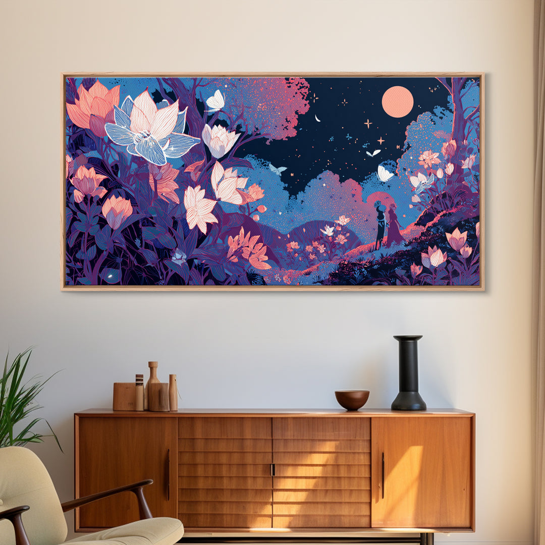 The Moon-Moth Garden, Cute Spooky Neon Art, Wide Panoramic Art, Framed Canvas Print, Retro Halloween Decor, Neon Wall Art, Horror Wall Art