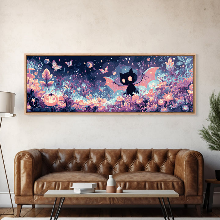 The Moon-Moth Garden, Synthwave Halloween Art, Extra Wide Wall Art, Framed Canvas Print, Retro Halloween Decor, Neon Wall Art