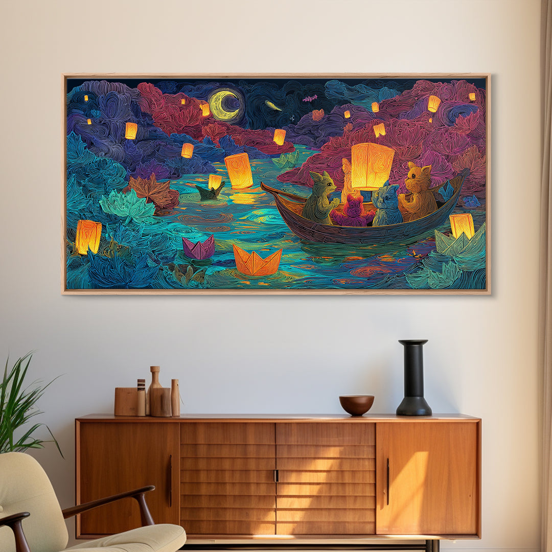 The Golden Leaf River, Cute Spooky Neon Art, Wide Panoramic Art, Framed Canvas Print, Retro Halloween Decor, Neon Wall Art