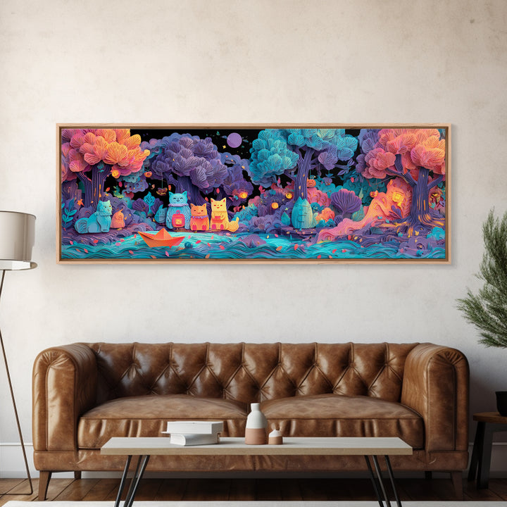 The Golden Leaf River, 80s Halloween Wall Art, Extra Wide Wall Art, Canvas Print, Retro Halloween Decor, Neon Wall Art