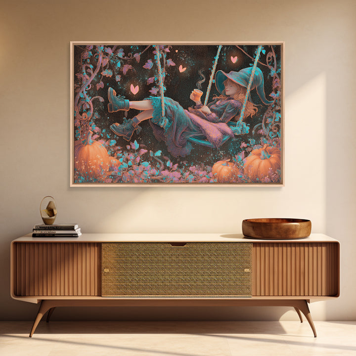 The Pumpkin Vine Swing, Vaporwave Halloween Decor, Landscape Wall Art, Canvas Print, Retro Halloween Decor, Neon Wall Art