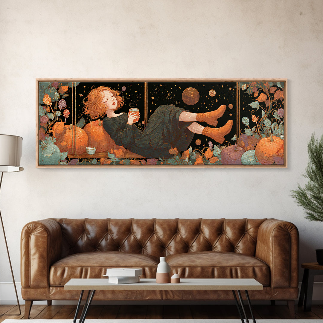 The Pumpkin Vine Swing, 80s Halloween Wall Art, Extra Wide Wall Art, Framed Canvas Print, Retro Halloween Decor, Neon Wall Art
