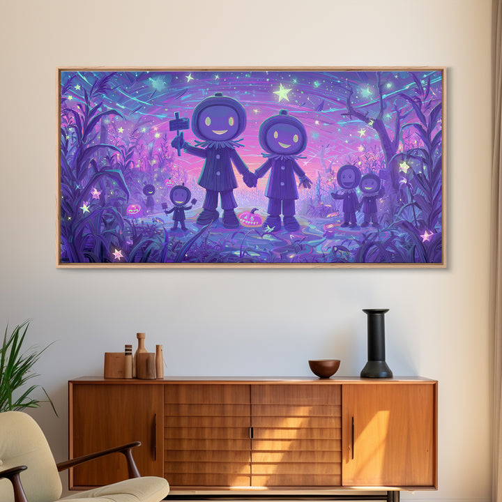 The Starry Cornfield Maze, 80s Halloween Wall Art, Wide Panoramic Art, Framed Canvas Print, Retro Halloween Decor, Neon Wall Art
