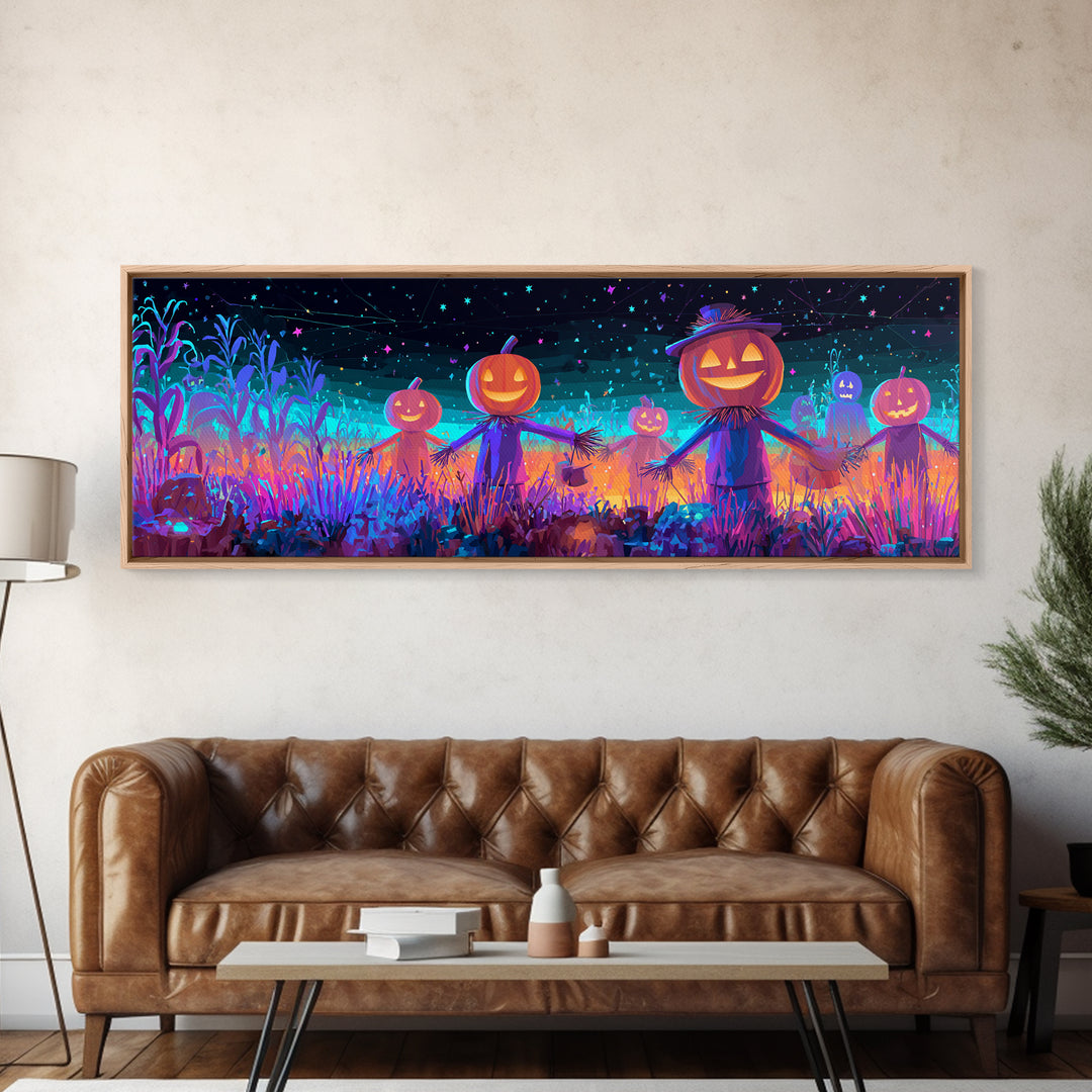 The Starry Cornfield Maze, Retro Neon Halloween Art, Extra Wide Wall Art, Canvas Print, Retro Halloween Decor, Neon Wall Art