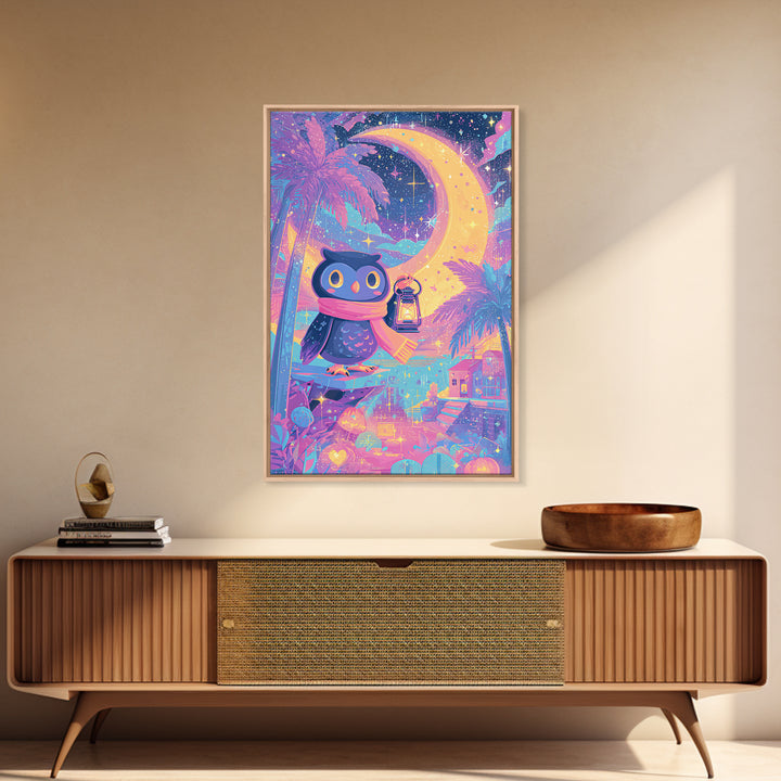 The Owl And The Crescent Moon, Cute Spooky Neon Art, Vertical Wall Art, Canvas Print, Retro Halloween Decor, Neon Wall Art