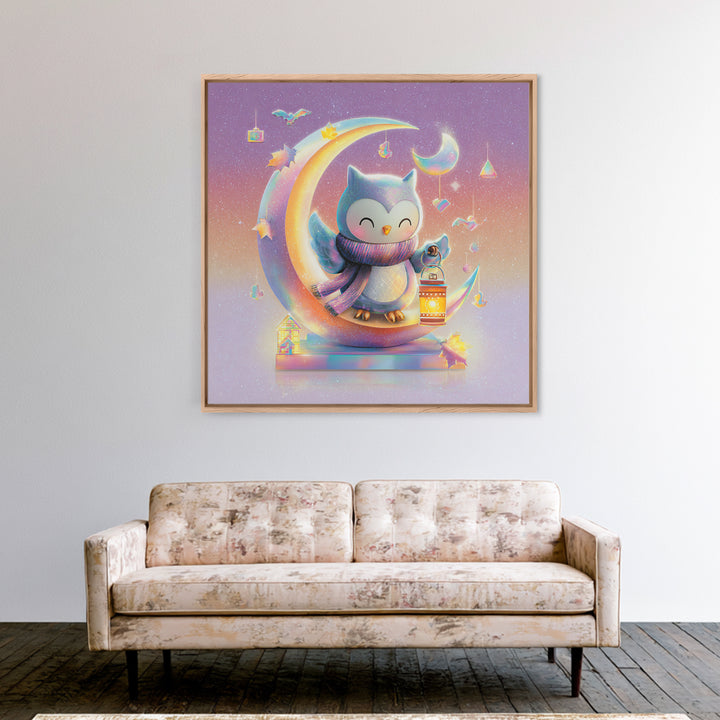The Owl And The Crescent Moon, Retro Neon Halloween Art, Square Wall Art, Framed Canvas Print, Retro Halloween Decor, Neon Wall Art