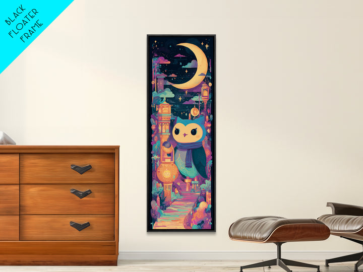 The Owl And The Crescent Moon, 80s Halloween Wall Art, Tall Narrow Wall Art, Canvas Print, Retro Halloween Decor, Neon Wall Art