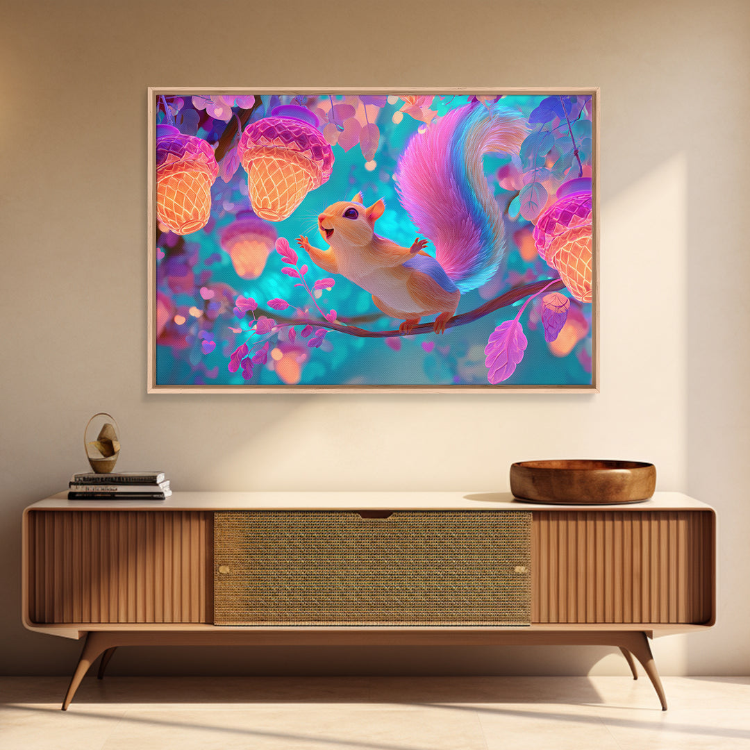 The Acorn Lantern Festival, Cute Spooky Neon Art, Landscape Wall Art, Framed Canvas Print, Retro Halloween Decor, Neon Wall Art