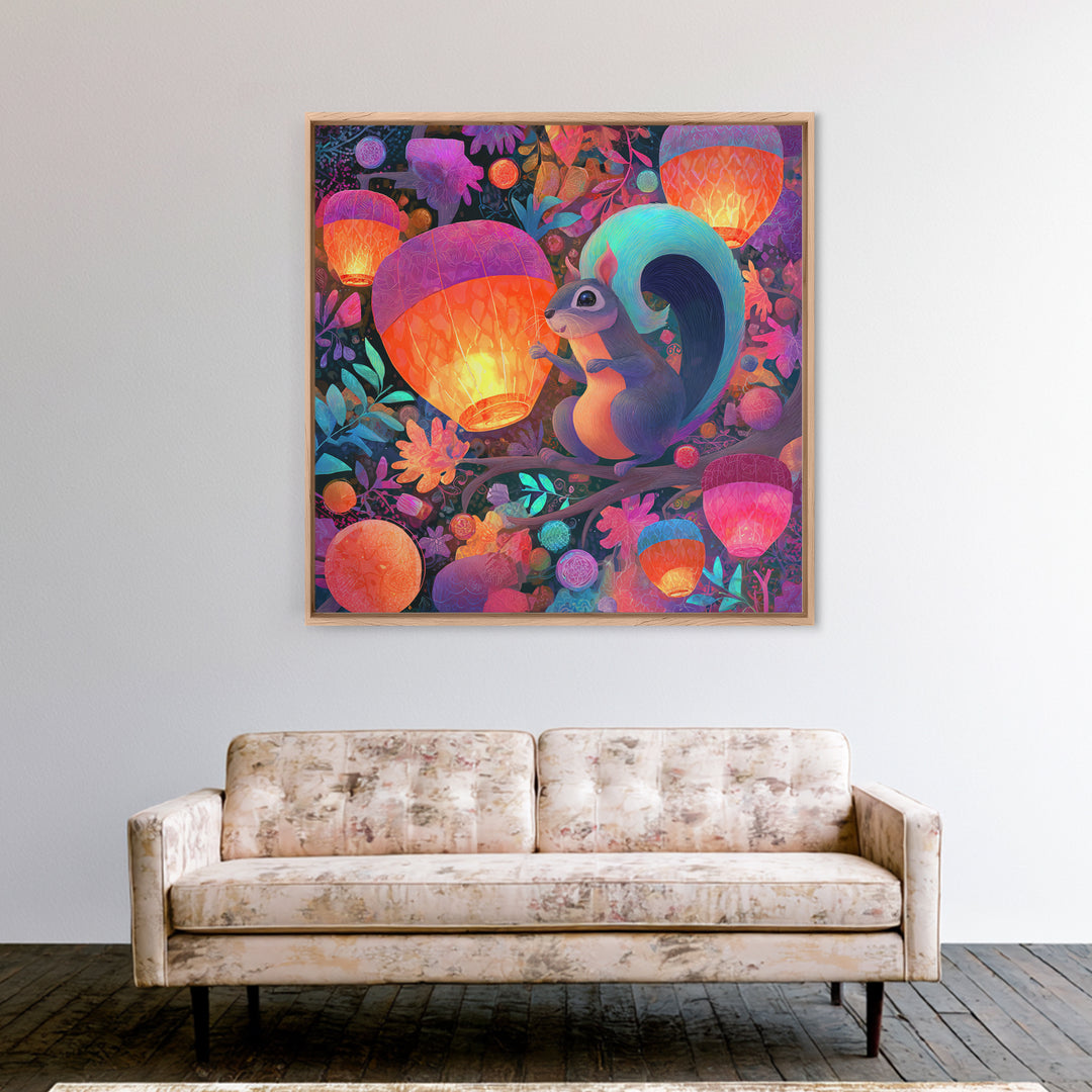 The Acorn Lantern Festival, Cute Spooky Neon Art, Square Wall Art, Framed Canvas Print, Retro Halloween Decor, Neon Wall Art