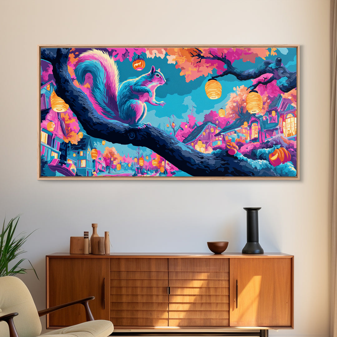 The Acorn Lantern Festival, Synthwave Halloween Art, Wide Panoramic Art, Framed Canvas Print, Retro Halloween Decor, Neon Wall Art