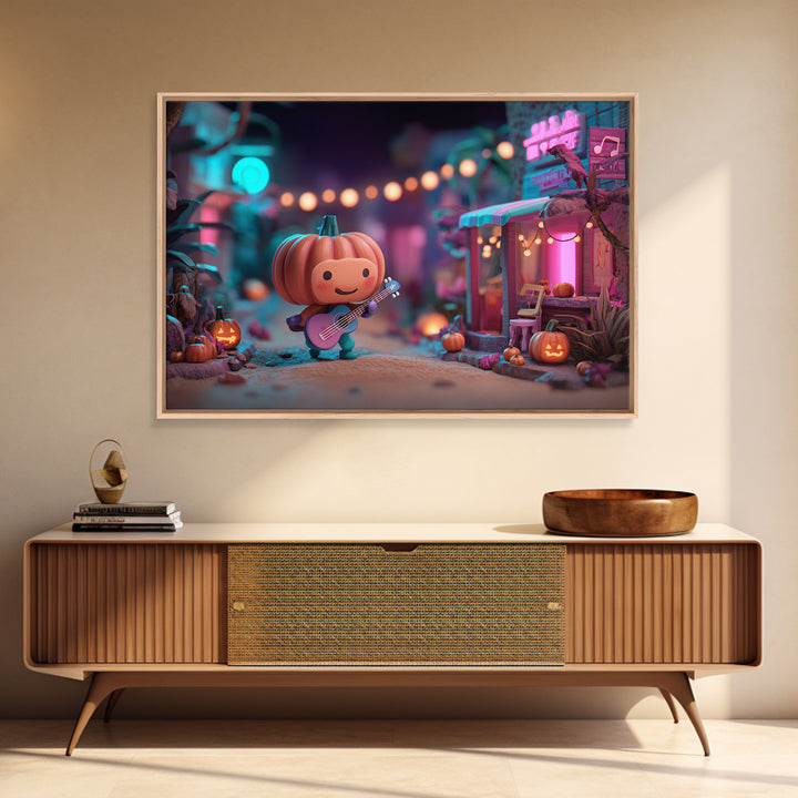 The Singing Pumpkin Patch, Vaporwave Halloween Decor, Landscape Wall Art, Framed Canvas Print, Retro Halloween Decor, Neon Wall Art
