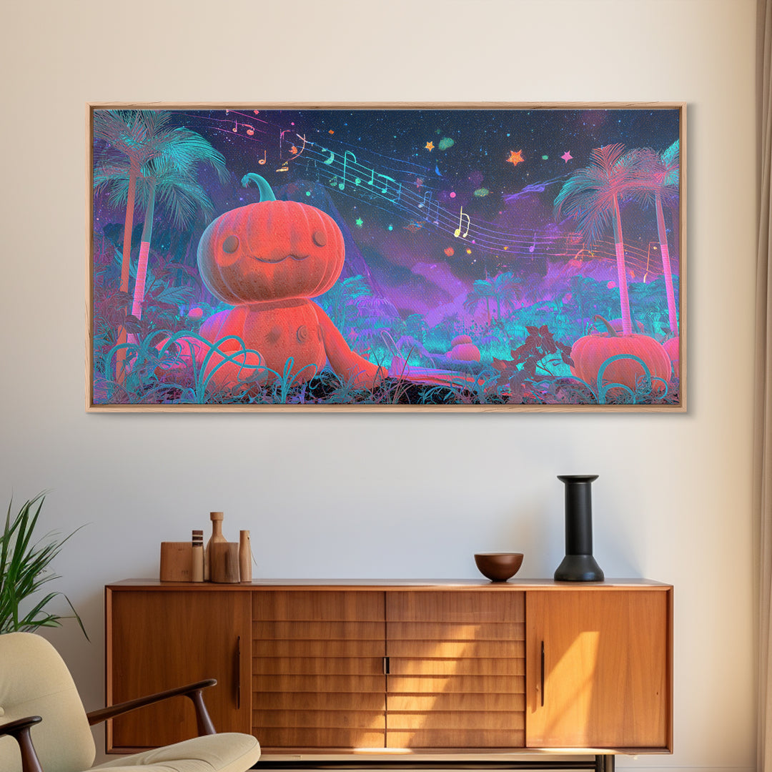 The Singing Pumpkin Patch, Vaporwave Halloween Decor, Wide Panoramic Art, Framed Canvas Print, Retro Halloween Decor, Neon Wall Art