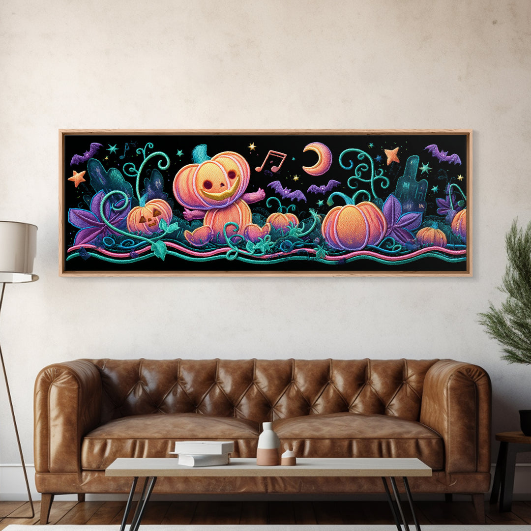 The Singing Pumpkin Patch, Retro Neon Halloween Art, Extra Wide Wall Art, Canvas Print, Retro Halloween Decor, Neon Wall Art