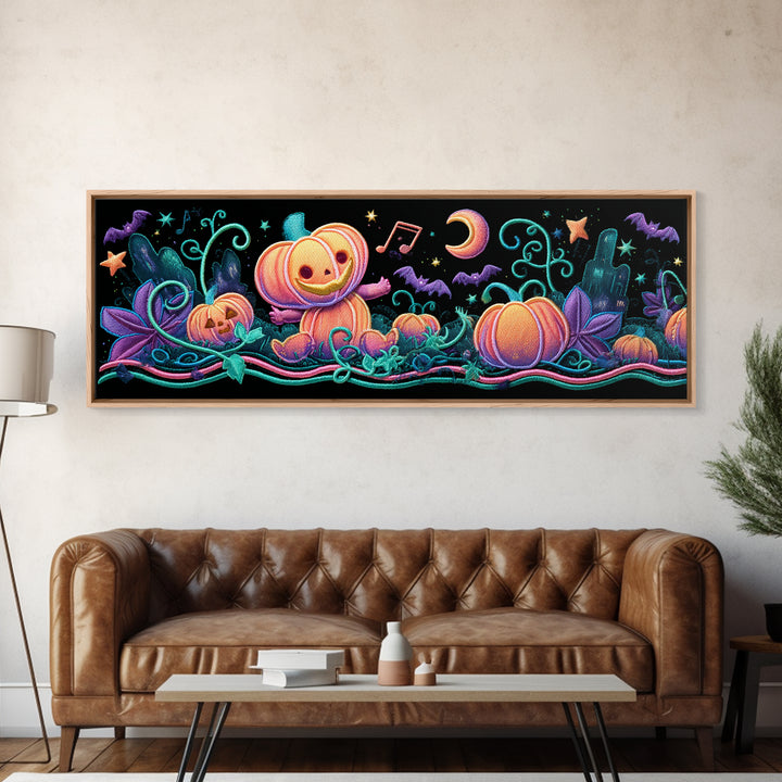The Singing Pumpkin Patch, Retro Neon Halloween Art, Extra Wide Wall Art, Canvas Print, Retro Halloween Decor, Neon Wall Art