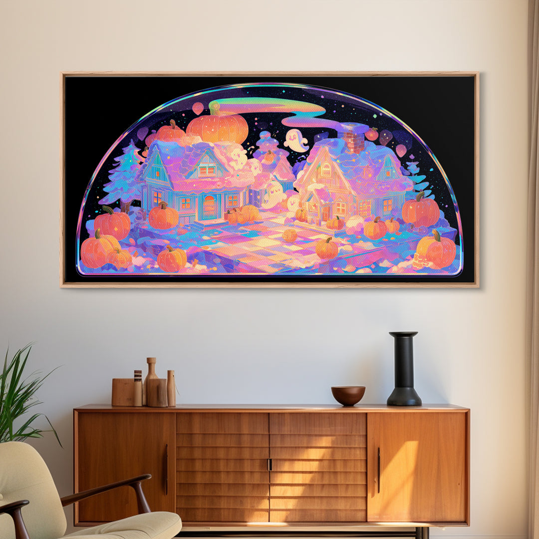 Halloween Inside A Snow Globe, 80s Halloween Wall Art, Wide Panoramic Art, Canvas Print, Retro Halloween Decor, Neon Wall Art