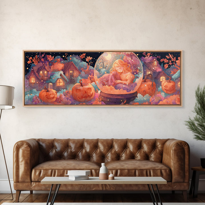 Halloween Inside A Snow Globe, 80s Halloween Wall Art, Extra Wide Wall Art, Canvas Print, Retro Halloween Decor, Neon Wall Art