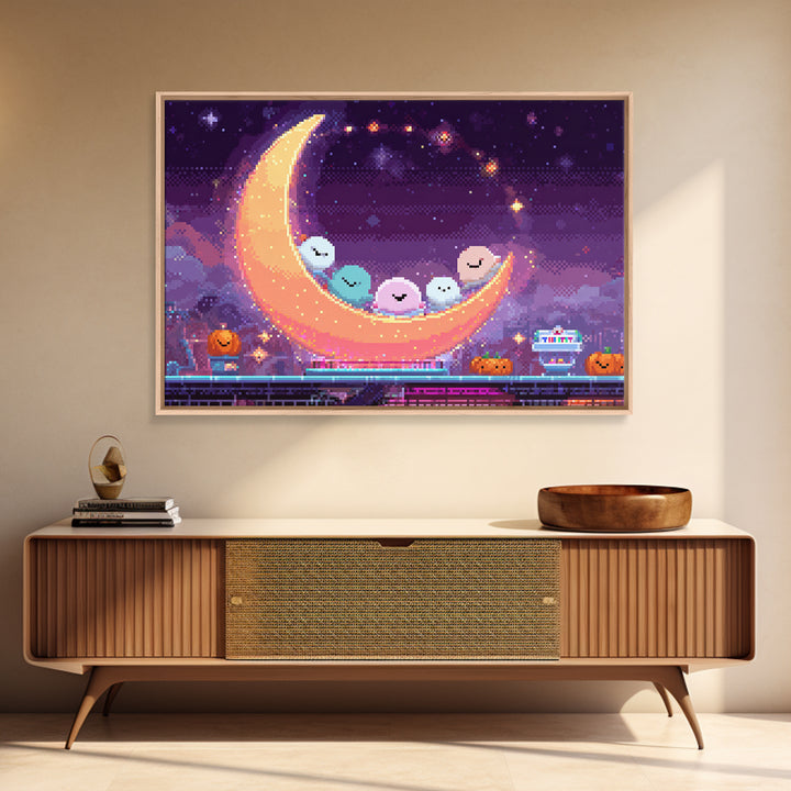 The Tiny Moon Carnival, Vaporwave Halloween Decor, Landscape Wall Art, Framed Canvas Print, Retro Halloween Decor, Neon Wall Art