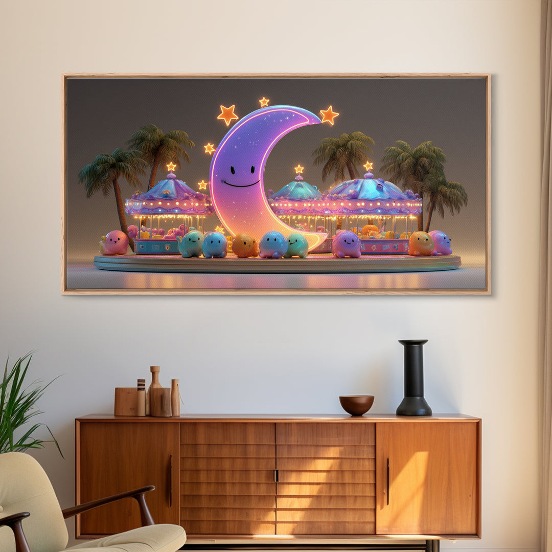 The Tiny Moon Carnival, Retro Neon Halloween Art, Wide Panoramic Art, Framed Canvas Print, Retro Halloween Decor, Neon Wall Art