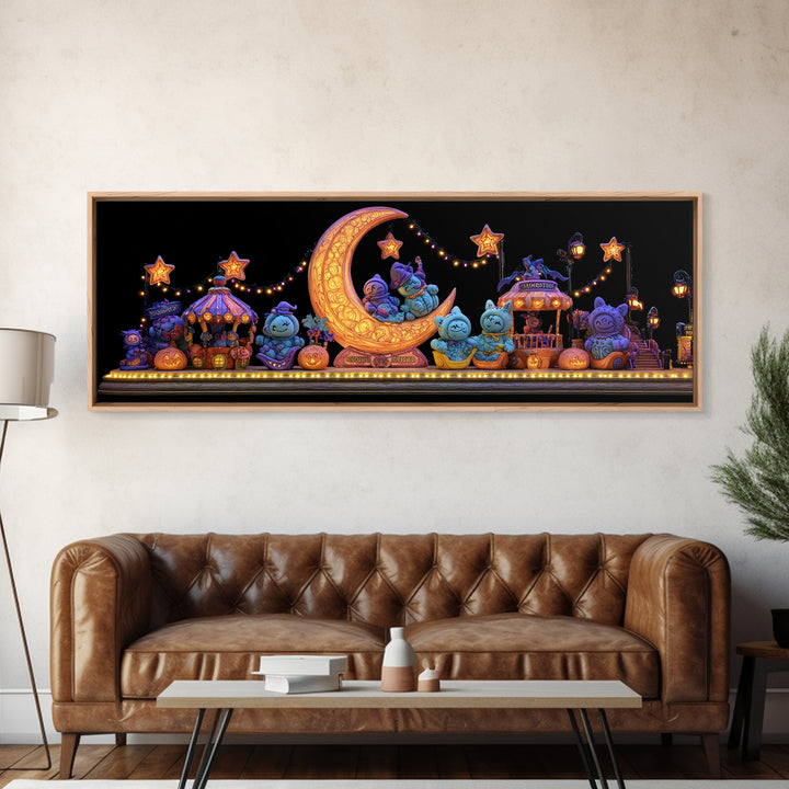 The Tiny Moon Carnival, 80s Halloween Wall Art, Extra Wide Wall Art, Framed Canvas Print, Retro Halloween Decor, Neon Wall Art
