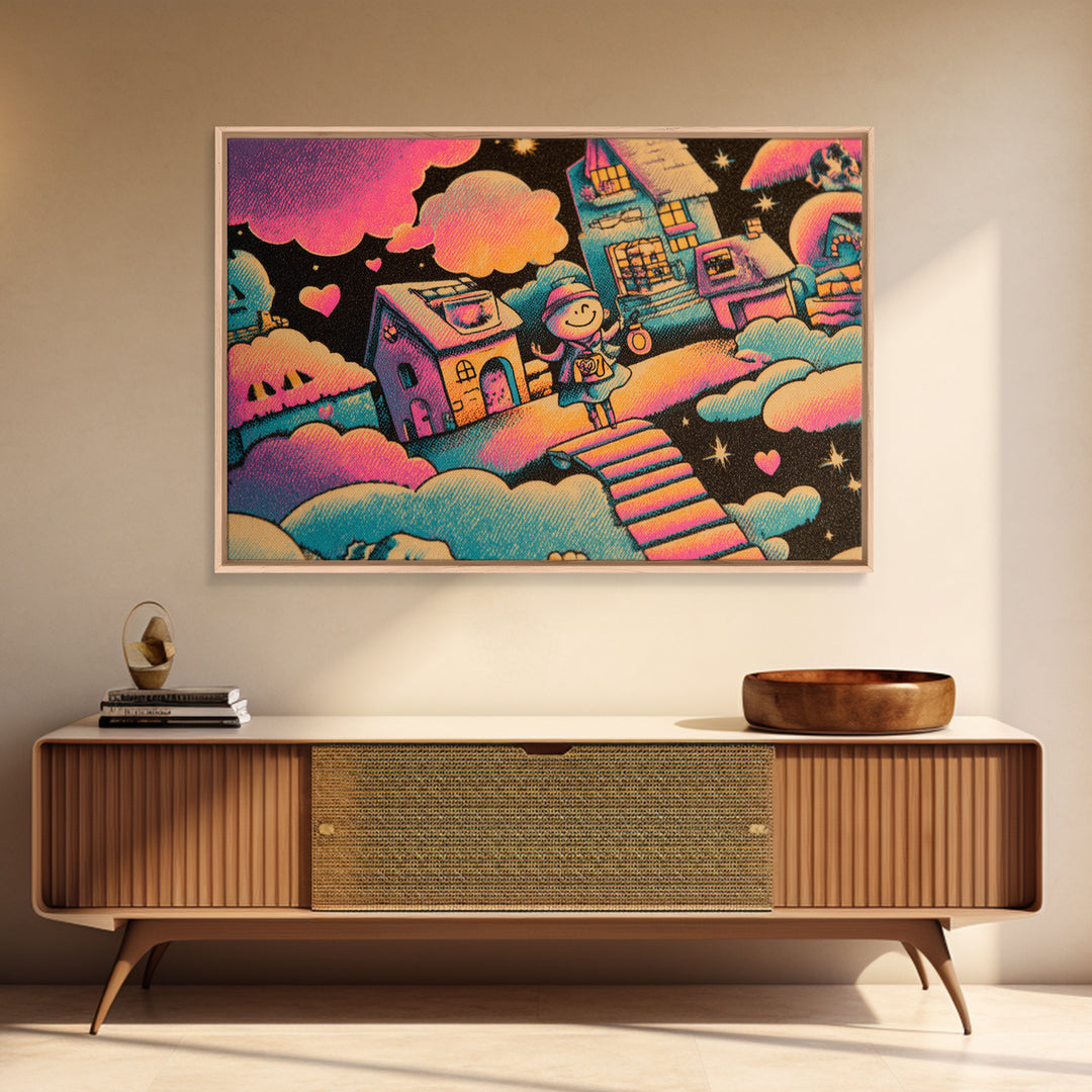 The Upside-Down Candy Kingdom, Synthwave Halloween Art, Landscape Wall Art, Framed Canvas Print, Retro Halloween Decor, Neon Wall Art