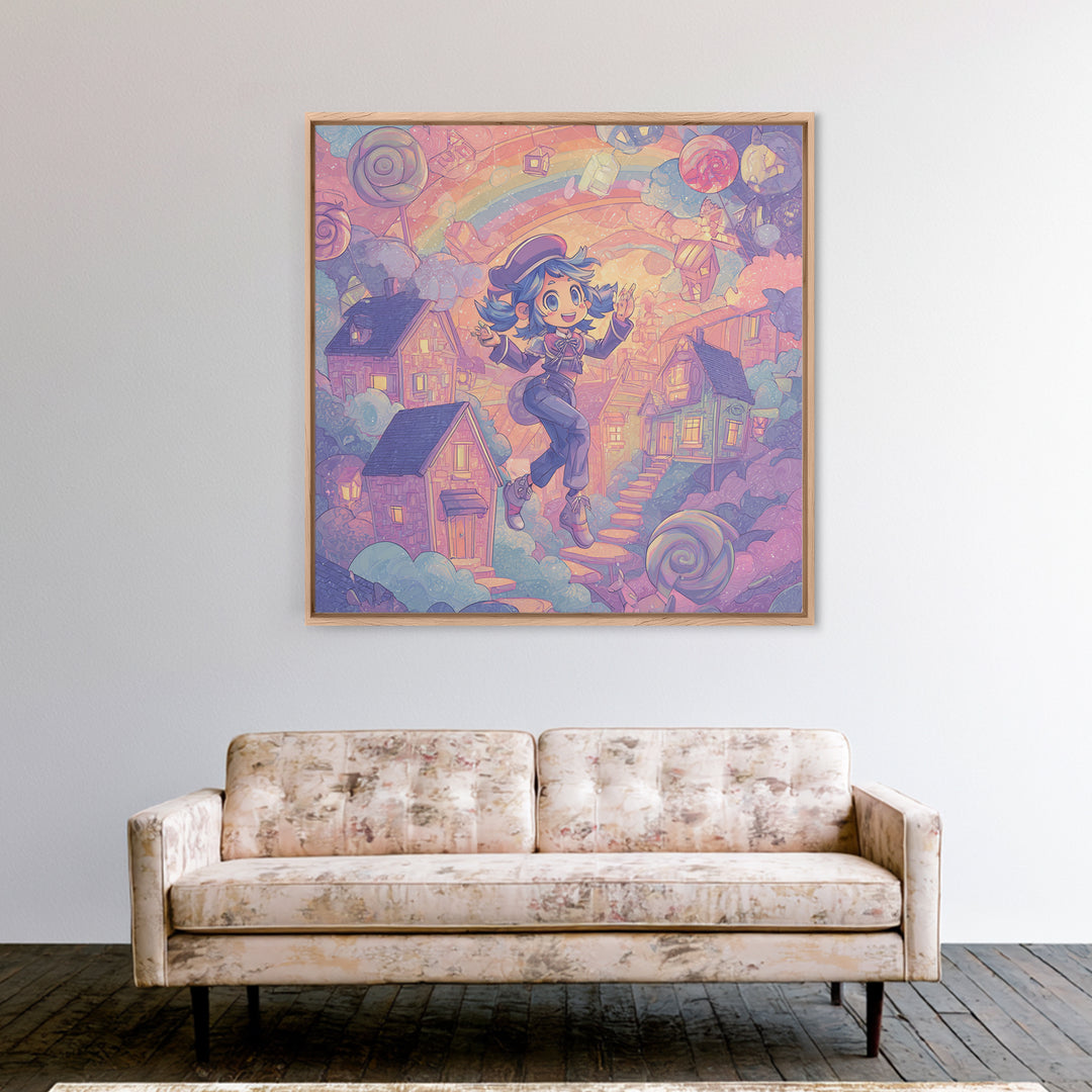 The Upside-Down Candy Kingdom, Synthwave Halloween Art, Square Wall Art, Framed Canvas Print, Retro Halloween Decor, Neon Wall Art