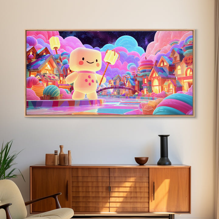 The Upside-Down Candy Kingdom, Vaporwave Halloween Decor, Wide Panoramic Art, Canvas Print, Retro Halloween Decor, Neon Wall Art