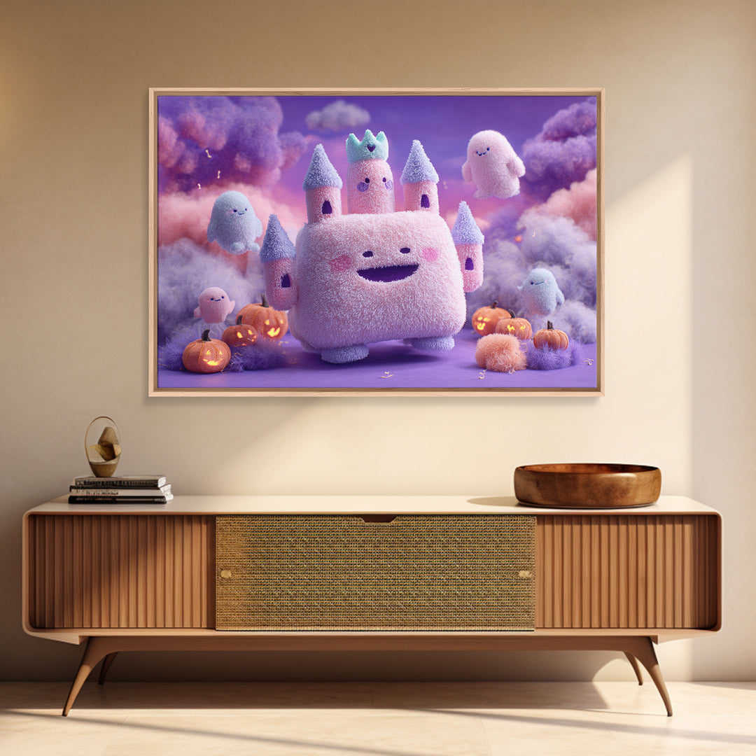 The Halloween Cloud Castle, Vaporwave Halloween Decor, Landscape Wall Art, Framed Canvas Print, Retro Halloween Decor, Neon Wall Art
