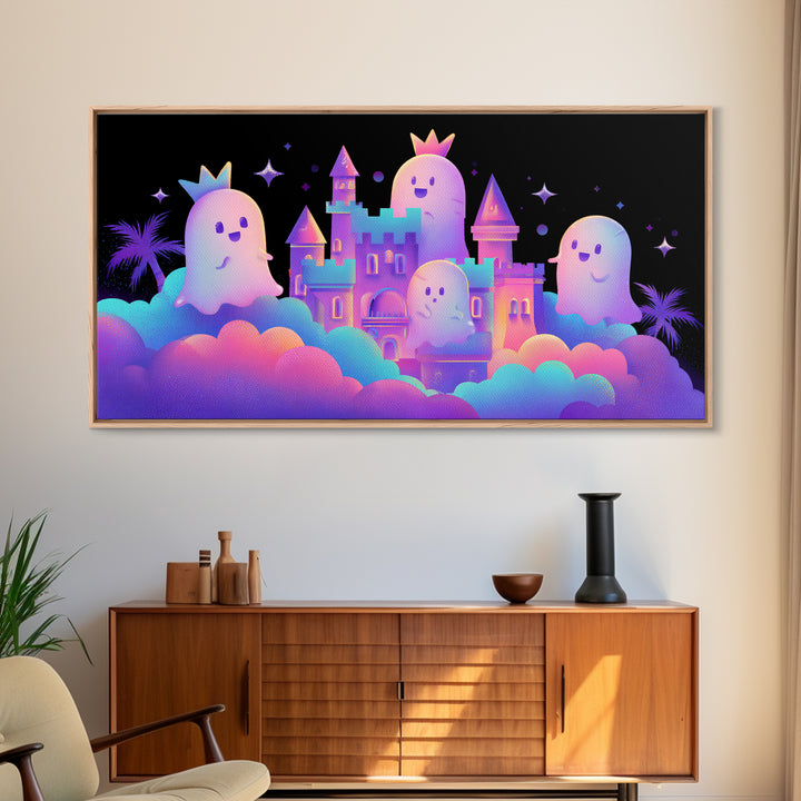 The Halloween Cloud Castle, 80s Halloween Wall Art, Wide Panoramic Art, Framed Canvas Print, Retro Halloween Decor, Neon Wall Art