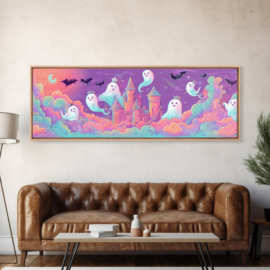The Halloween Cloud Castle, Retro Neon Halloween Art, Extra Wide Wall Art, Framed Canvas Print, Retro Halloween Decor, Neon Wall Art