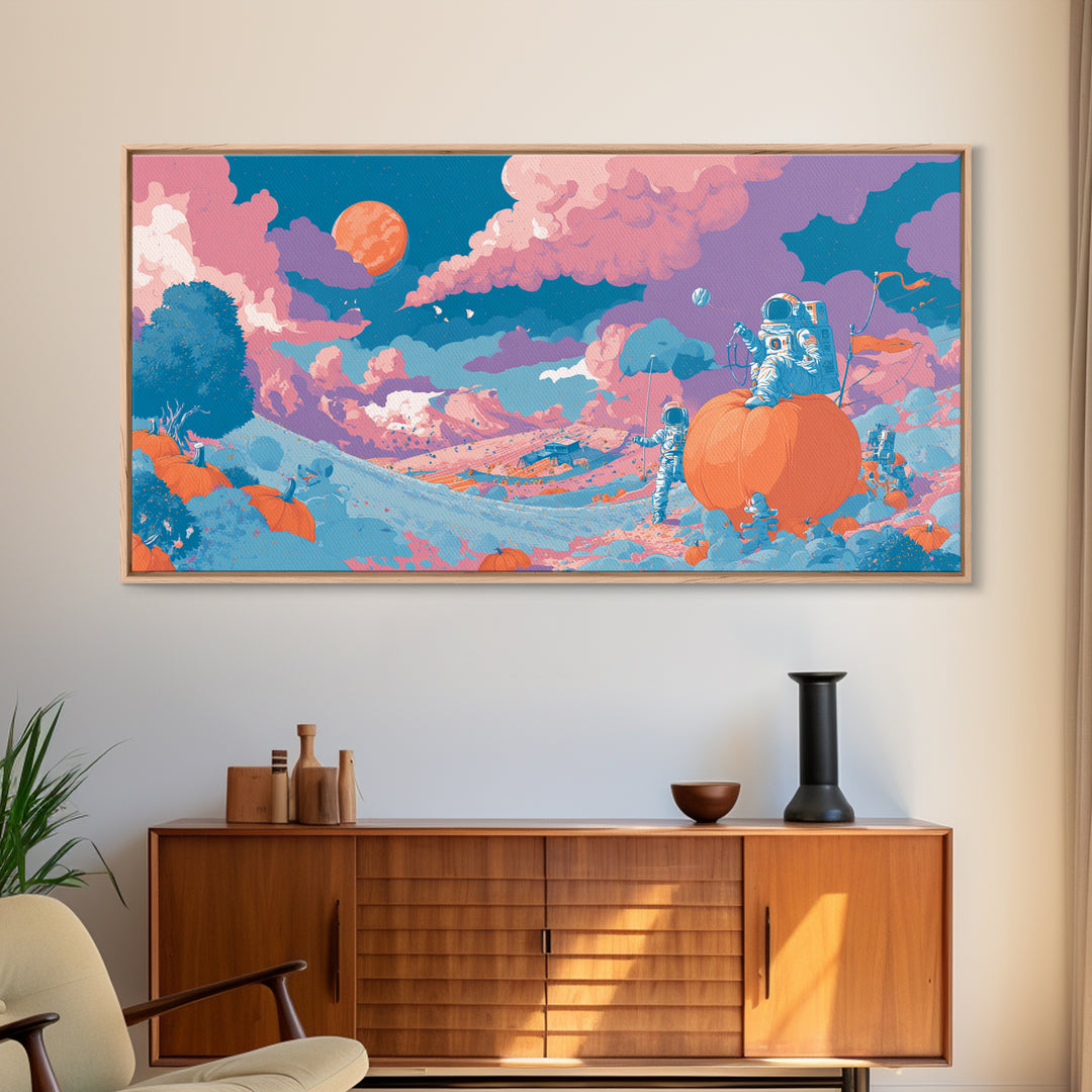 The Pumpkin Moon Expedition, Cute Spooky Neon Art, Wide Panoramic Art, Canvas Print, Retro Halloween Decor, Neon Wall Art, Spooky Wall Decor