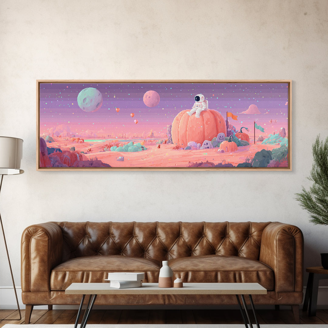 The Pumpkin Moon Expedition, Cute Spooky Neon Art, Extra Wide Wall Art, Framed Canvas Print, Retro Halloween Decor, Neon Wall Art