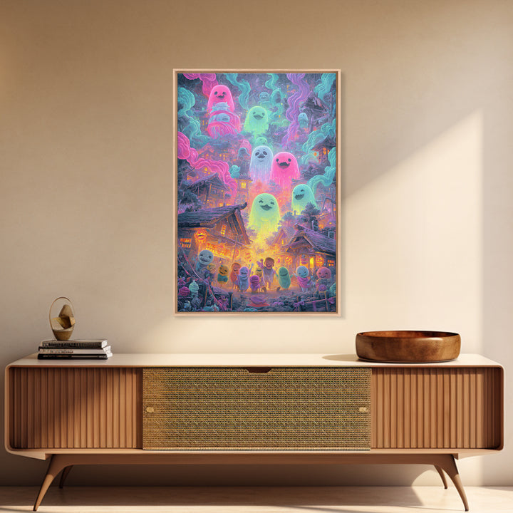 The Ghost Balloon City, Retro Neon Halloween Art, Vertical Wall Art, Framed Canvas Print, Retro Halloween Decor, Neon Wall Art