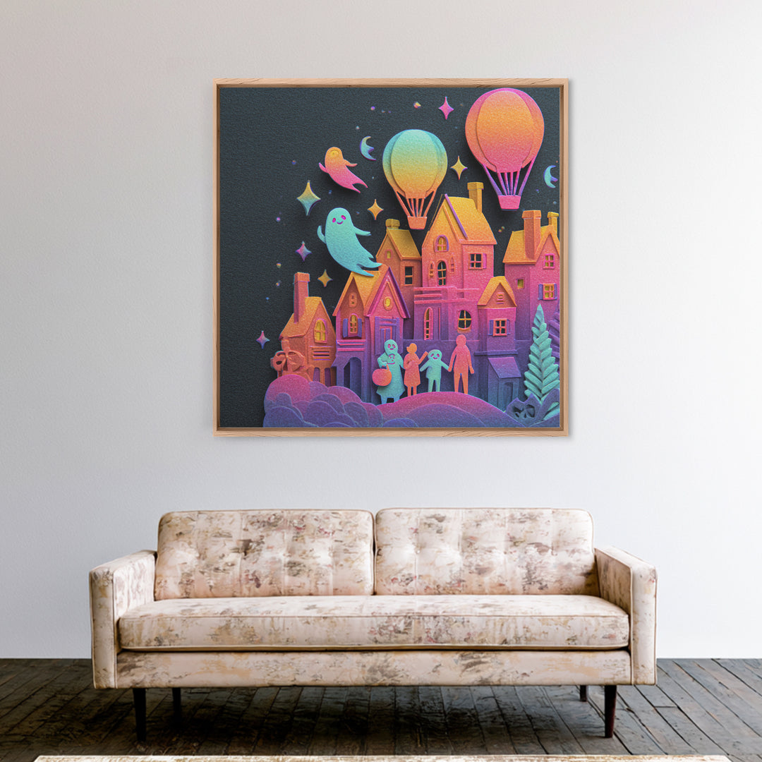 The Ghost Balloon City, Cute Spooky Neon Art, Square Wall Art, Canvas Print, Retro Halloween Decor, Neon Wall Art, Horror Wall Art