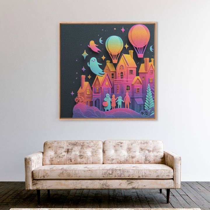 The Ghost Balloon City, Cute Spooky Neon Art, Square Wall Art, Canvas Print, Retro Halloween Decor, Neon Wall Art, Horror Wall Art