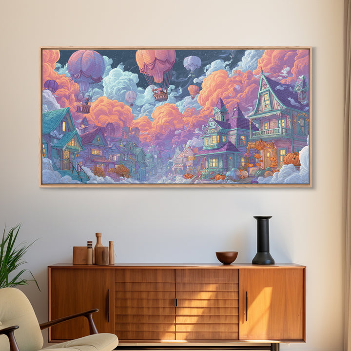 The Ghost Balloon City, Synthwave Halloween Art, Wide Panoramic Art, Framed Canvas Print, Retro Halloween Decor, Neon Wall Art