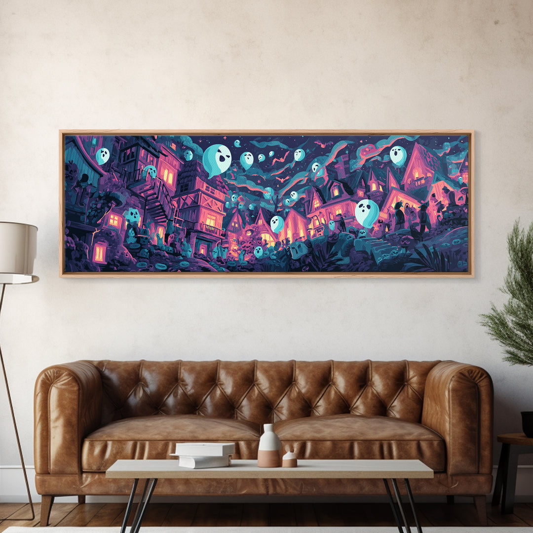 The Ghost Balloon City, Synthwave Halloween Art, Extra Wide Wall Art, Canvas Print, Retro Halloween Decor, Neon Wall Art, Statement Wall Art