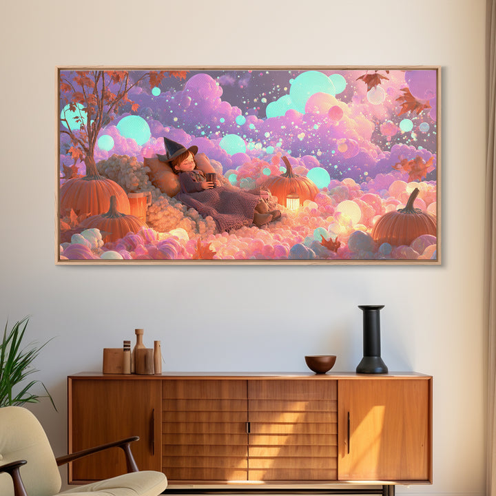 The Candy Comet Adventure, Synthwave Halloween Art, Wide Panoramic Art, Framed Canvas Print, Retro Halloween Decor, Neon Wall Art